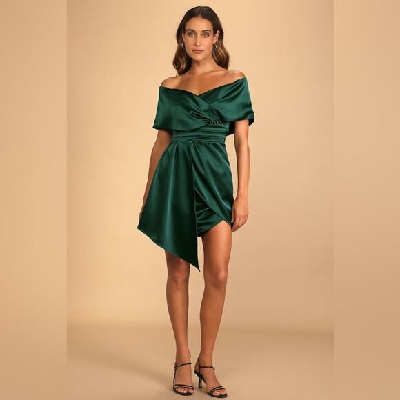 Lulus Dresses & Skirts - NWT Lulus Always Celebrating Dark Green Satin Off-the-Shoulder Mini Dress Large